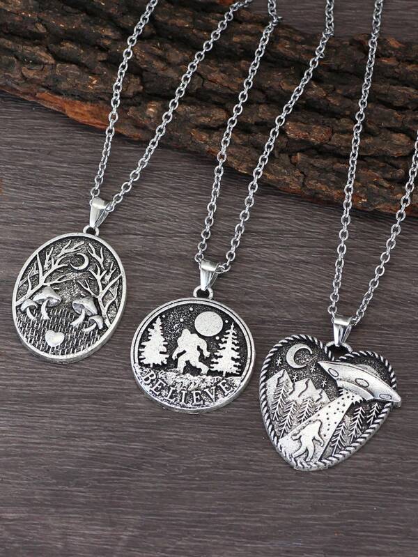 XJYHDY 3pcs Pine Tree, Witch, Moon, Bigfoot Pendant Necklace, Camping & Outdoor Jewelry
