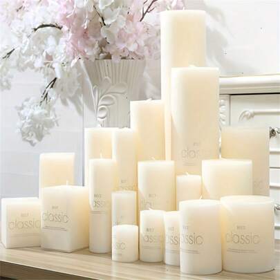 1pc/Classic Column Candle Romantic Smokeless Wedding Hotel Ivory White Cylindrical Candle Home Halloween, Spooky, Autumn, Festival, Holiday , Winter, Holiday, Festival,Room Decor,Gifts Birthday Graduation