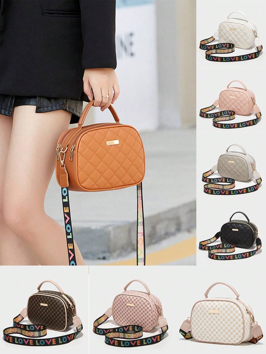 1pc Selected Fashion Girls' Versatile Women's Bag, Colorful Shoulder Strap Letters, Diamond Embroidered Camera Bag, Mom's Versatile Shoulder Bag, Simple Double Zipper Large Grid Diagonal Shoulder Bag, Large Capacity Beauty Lipstick Coin Bag, Casual Fashion Phone Bag, Cute Women's Handbag, Small Square Bag, PU Large Capacity Pira Chain Bag, Daily Life Party Birthday Gift, Multiple Color Dressing Options - View 1