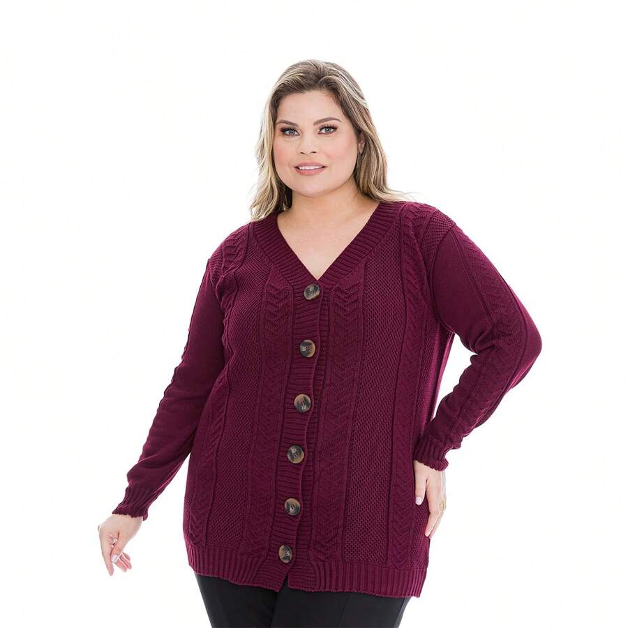 Plus Size Beehive Stitch Knitting Jacket - Gỗ đỏ - Xem 1