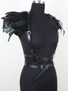 1pc Black Feather Shawl Steampunk Feather Epaulettes With Harness Belt Perfect For Dressing Up In Parties  Vampire Cosplay Props Halloween - Black - View 7