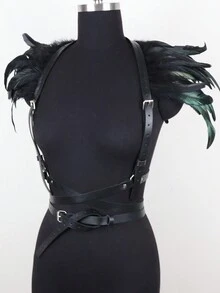 1pc Black Feather Shawl Steampunk Feather Epaulettes With Harness Belt Perfect For Dressing Up In Parties  Vampire Cosplay Props Halloween - Black - View 8