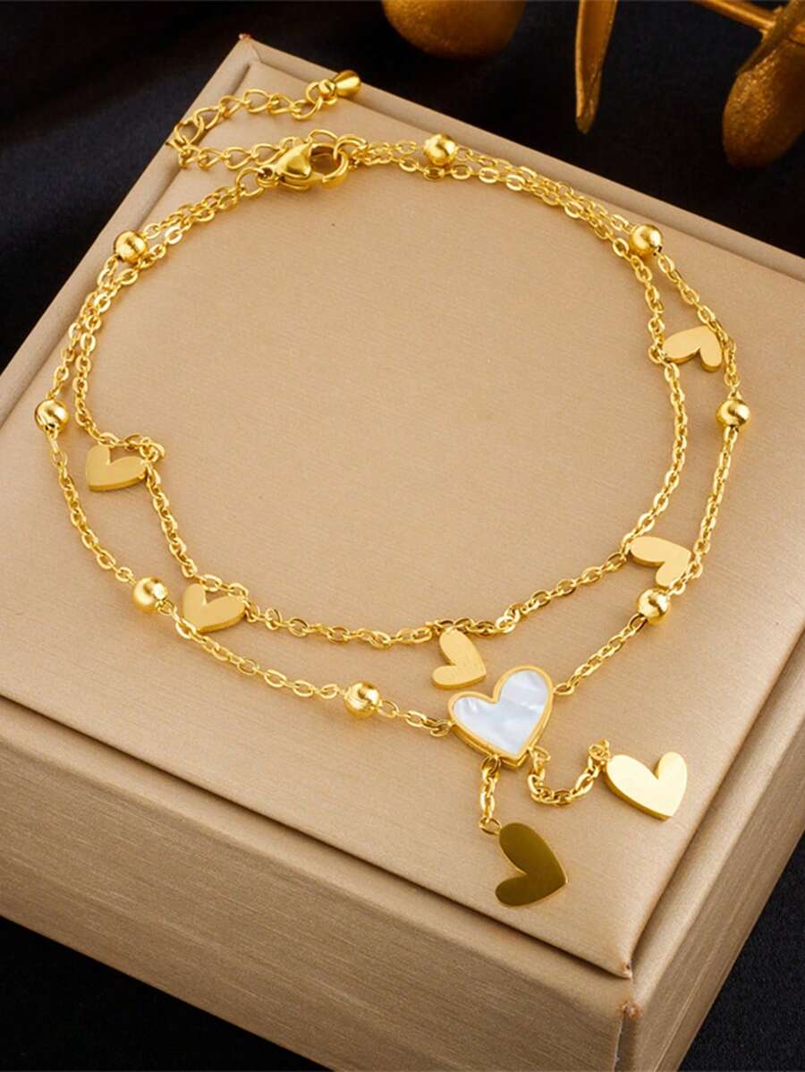 1 pieza Tobillera con forma de corazón de doble capa de acero inoxidable con borla, joyería para el pie con estilo blanco de corazón versátil tipo Ins - Calcetín - Ver 1