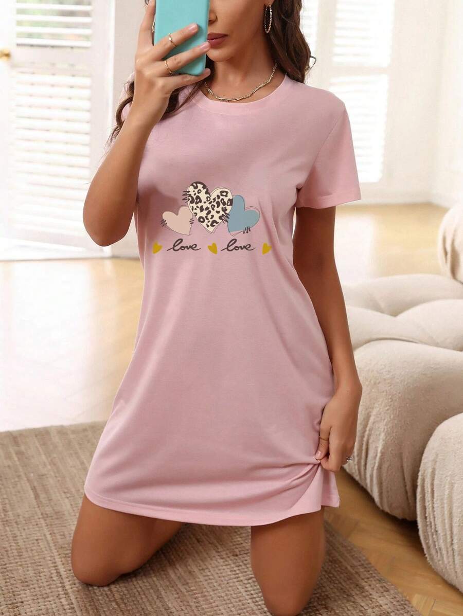 1 pieza camisón de manga corta para mujer, ropa de dormir ligera, camisola de verano para casa - Rosa - Ver 1
