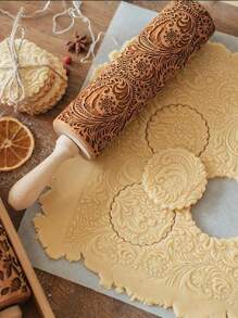 1 pieza Rodillo de amasar de madera de relieve, rodillo de relieve grabado con patrón de flor de copo de nieve para galletas