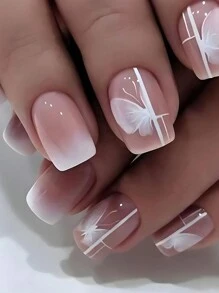 24 piezas/set de uñas postizas cortas cuadradas de diseño de mariposa en gradientes de color rosa jalea, suministros de uñas para mujeres y niñas uñas falsas uña falsa uña acrílica