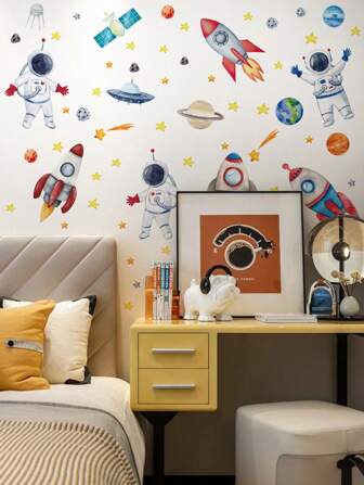 4入組兒童臥室背景牆貼紙裝飾，太空宇航員設計，自粘式牆面裝飾，適用於兒童玩具房裝飾