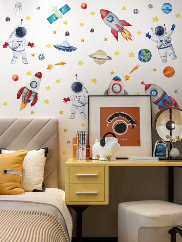 4pcs / Set Sticker Mural de Fond de Chambre d Enfant avec Conception d Astronaute de l Espace, Décoration Murale Auto-Adhésive pour la Chambre de Jouet des Enfants