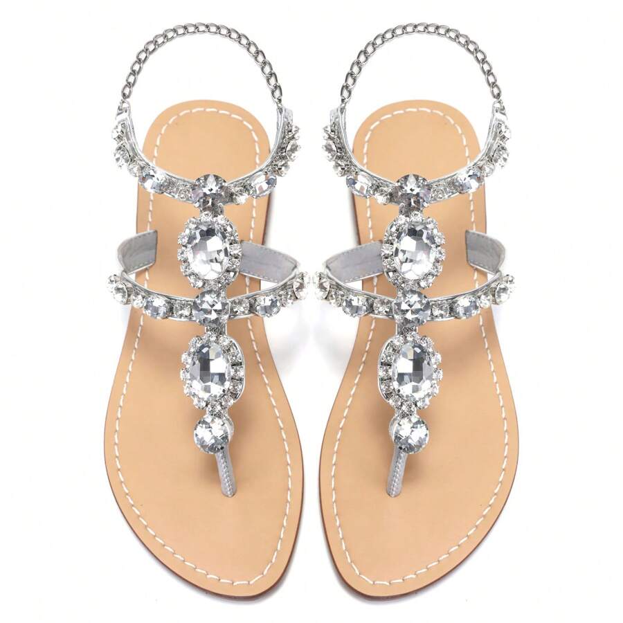 Women's Rhinestone Gladiator Sandals Flat Beach Wedding Shoes Flip-Flops Gemstone Pearl Sparkling Bride Bridesmaid Silver&Gold Size - Silver - View 1