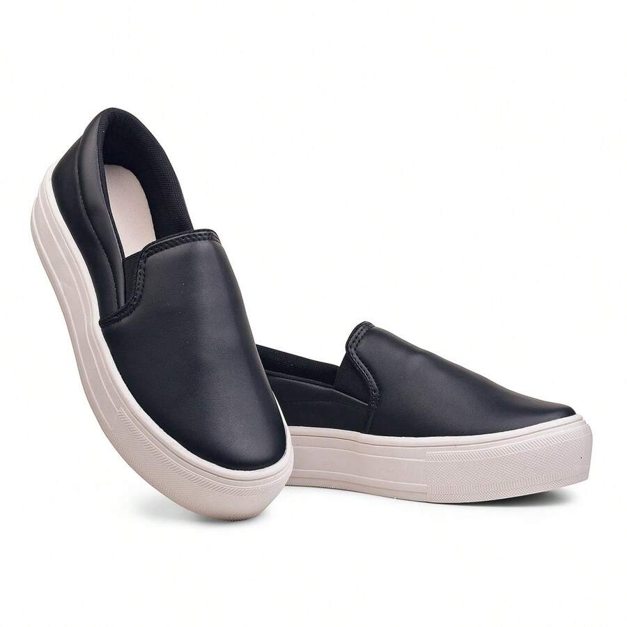 Tênis Feminino Casual Calce Fácil Slip On Iate Plataforma Têndencia super moda - PRETO FOSCO - Visão 1