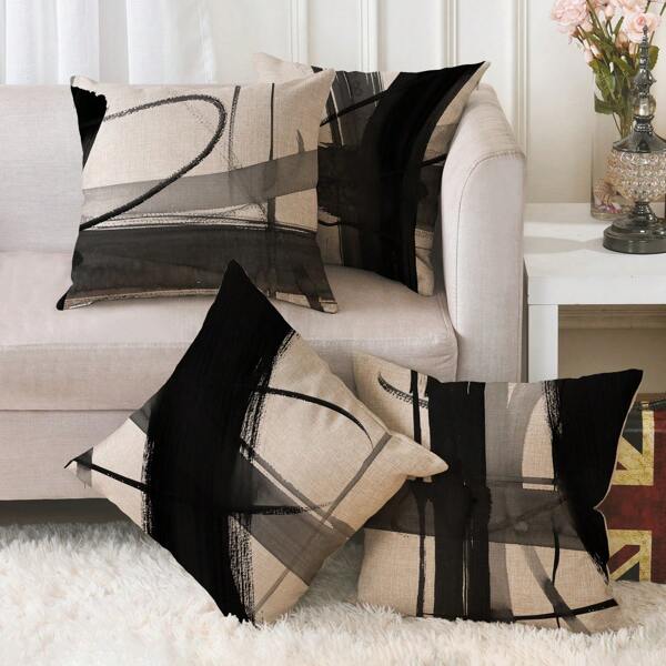 4pcs Linen Decorative Pillow Cover With Modern And Luxury Black And White Brushstroke Design, Suitable For Car, Home, Bedroom, Living Room Sofa Cushion Cover And Other Decorations