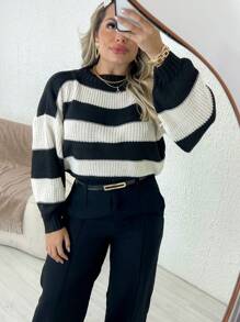 Blusa feminina casaco de frio listrado trico tendencia outono inverno