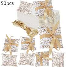 50pcs White Cardboard Pillow Candy Box With Ribbon Pattern, Gold, For Wedding Packaging - Gold - View 4