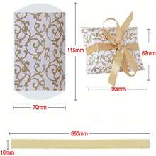 50pcs White Cardboard Pillow Candy Box With Ribbon Pattern, Gold, For Wedding Packaging - Gold - View 3
