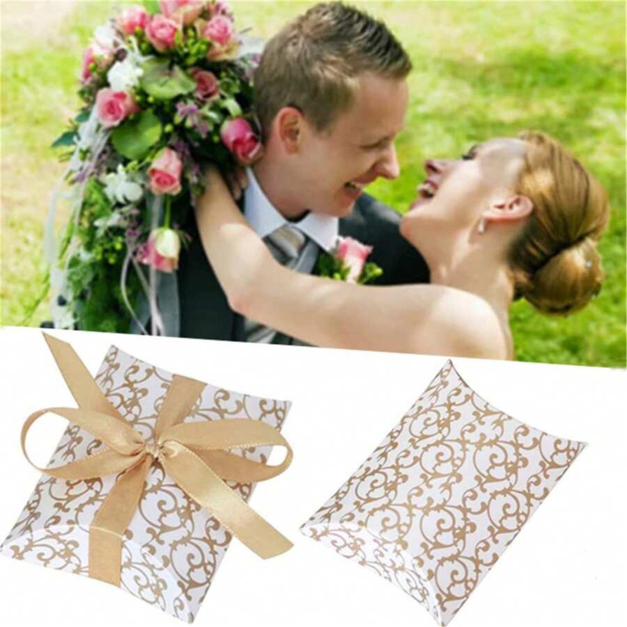 50pcs White Cardboard Pillow Candy Box With Ribbon Pattern, Gold, For Wedding Packaging - Gold - View 1