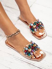 Letnia Moda Kobiety Cyrkonie Płaskie sandały Wypoczynek W kolorze szampana Czeski Styl plażowy Wygodna Oversized Na wolnym powietrzu Kapcie Kobieta