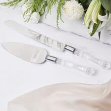 2 piezas Juego de corte de pastel de boda, que incluye cuchillo y espátula de pastel de acero inoxidable, color plateado con mango de cristal acrílico falso, perfecto para regalos de boda, despedida de soltera, aniversario, inauguración de casa y cumpleaños - Plateado - Ver 6