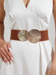 Textured Metal Round Buckle Belt - Gold - View 3
