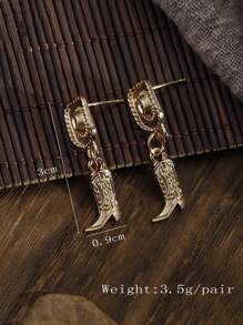 1對 歐美復古西部牛仔風格合金牛仔帽和靴子造型耳環，適合女性日常佩戴 - 金黃色 - 查看 3