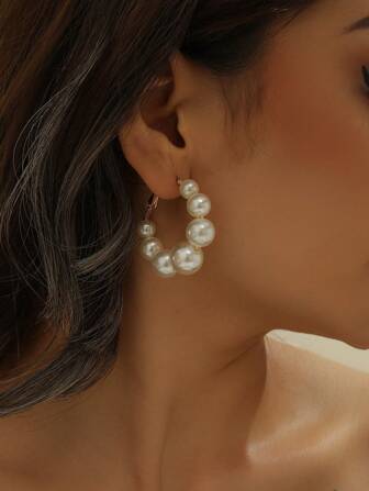1pair Hoop Earrings With Faux Pearl Summer Fashion Pearl Jewelry