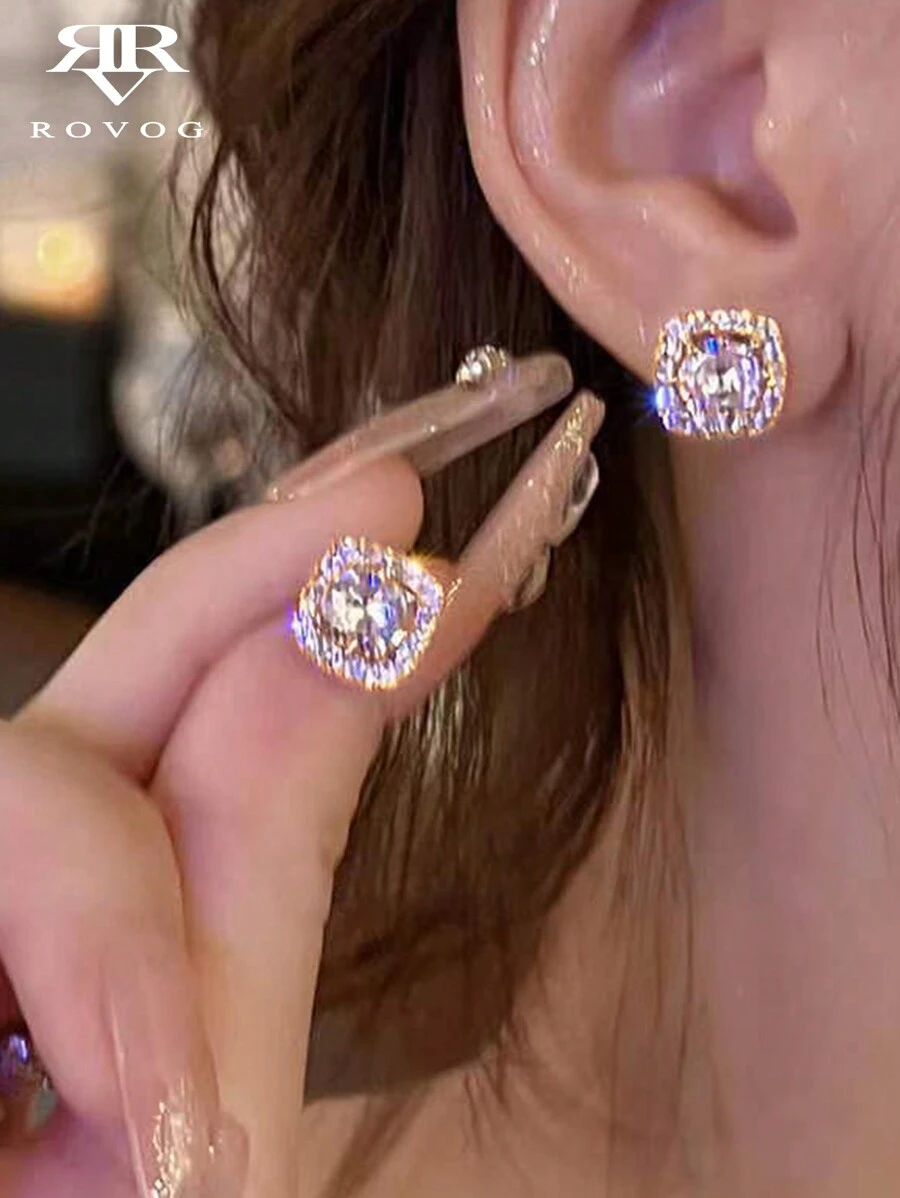 1pair Exquisite & Chic Copper Plated Stone Stud Earrings With Elegant & Unique Design As Daily Or Festival Gift For Women