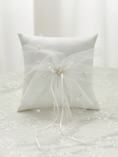 1pc Bride Wedding Small Ring Pillow Western Wedding Gift Ring Props Bow Square Ring Pillow Pearl Bride Ring Pillow Western Wedding Supplies