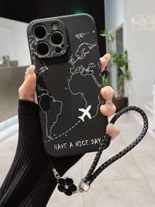 1pc Straight Edge World Map Airplane Line Design Protective Phone Case With Handmade Woven Lanyard Compatible With IPhone XR/7/8, IPhone 15 Pro Max, IPhone 13, IPhone 14, IPhone 11, Galaxy S22, Galaxy A13 4G, Galaxy A52, Galaxy A52s 5G, Redmi Note 11, 11 Lite