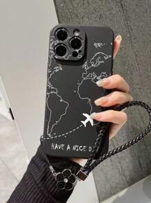 1pc Straight Edge World Map Airplane Line Design Protective Phone Case With Handmade Woven Lanyard Compatible With IPhone XR/7/8, IPhone 15 Pro Max, IPhone 13, IPhone 14, IPhone 11, Galaxy S22, Galaxy A13 4G, Galaxy A52, Galaxy A52s 5G, Redmi Note 11, 11 Lite