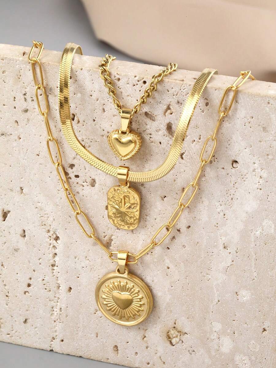 3入組不鏽鋼金色愛情光芒系列3種不同風格的項鍊和吊墜，長度可調節，可以疊加或分開穿戴，適用於日常裝飾或送禮 - 金黃色 - 查看 1