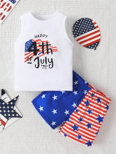 男童7月4日紀念日紀念套裝，背心和短褲套裝，印有字母和美國圖案，適用於夏季