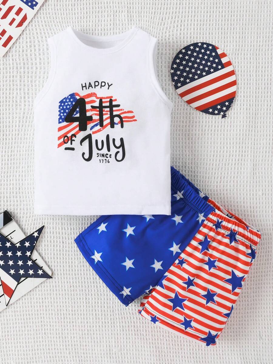 Tânăr băiat ținute pentru ziua de 4 iulie Set maieu și pantaloni scurți pentru Ziua Independenței, cu litere și imprimeu american pentru vară