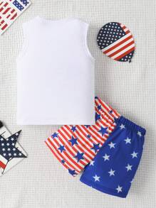 Tânăr băiat ținute pentru ziua de 4 iulie Set maieu și pantaloni scurți pentru Ziua Independenței, cu litere și imprimeu american pentru vară