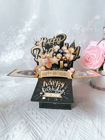 1pc 3D Pop-Up Greeting Card Happy Birthday 3D Box Greeting Card Black Gold Laser Hollow Birthday Gift,Christmas