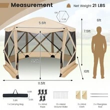 Coffee/Green- 11.5 X 11.5 Ft 6-Sided Pop-Up Canopy Screen Tent With Mesh Walls, 2 Detachable Wind Panels, Zippered Door, Carry Bag, Stakes, And Ropes For Camping, Backyard, And Beach Shade Shelter