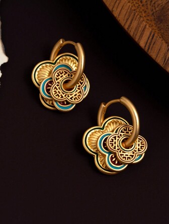 1對新款時尚優雅簡約中式手繪彩色搪瓷雙面耳環，附霧面耳針或夾式耳環，適合女性