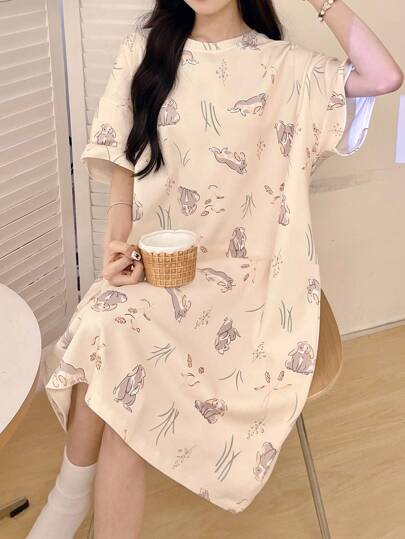 Women's Cute Rabbit Print Fitted Casual Nightgown, Comfortable All-Over Print Sleepwear