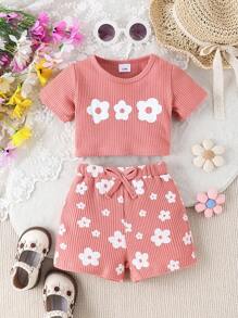 2pcs Baby Girls Cute Waffle Print Short Sleeve Thin Outfit Set, Summer - Pink - View 1