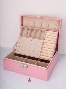 2-Layer Jewelry Box For Women & Girls, PU Leather Jewelry Storage Box With Lock, Removable Tray, Jewelry Display Rack For Necklaces, Earrings, Bracelets, Rings, Watches - Multicolor - View 13