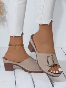 Sandalias de plataforma de tacón grueso con diseño de hebilla de metal de moda para mujer, antideslizantes, transpirables y cómodas, Diseño elegante estilo retro adecuado para uso diario en verano en color caqui y punta abierta redondeada