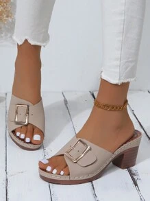 Sandalias de plataforma de tacón grueso con diseño de hebilla de metal de moda para mujer, antideslizantes, transpirables y cómodas, Diseño elegante estilo retro adecuado para uso diario en verano en color caqui y punta abierta redondeada