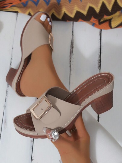 Sandálias Plataforma Confortáveis com Salto Grosso, Design Elegante em Estilo Retro, Peep Toe Redondo Respirável com Fivela Metálica na Cor Caqui. Tamanho Grande, Antiderrapantes e Adequadas para o Uso Diário no Verão.