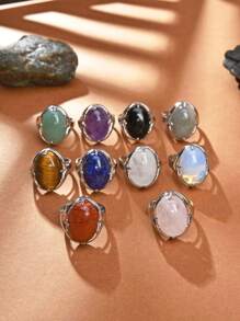 1pc Natural Quartz Crystal Smooth Egg-Shaped Open Ring For Men