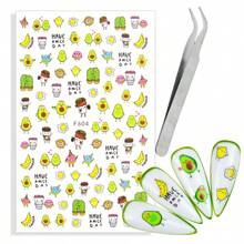 1張自粘式指甲貼紙和1支鉗子水果卡通角色美甲貼，香蕉、梨子、仙人掌、煎蛋設計F604 - 彩色 - 查看 1
