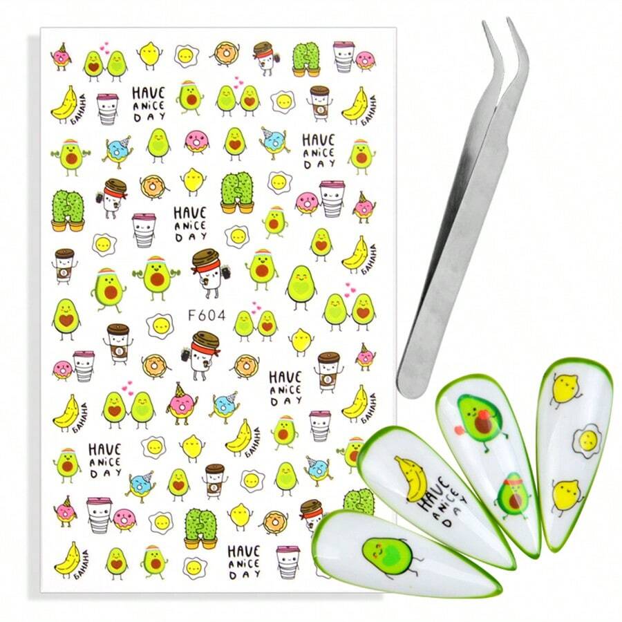 1張自粘式指甲貼紙和1支鉗子水果卡通角色美甲貼，香蕉、梨子、仙人掌、煎蛋設計F604 - 彩色 - 查看 1
