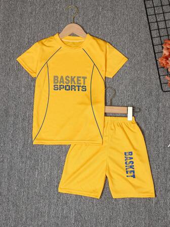 2pcs/Set Young Boys' Casual Sports Suit With Letter Print Short Sleeve Top And Shorts, Quick Dry, Summer