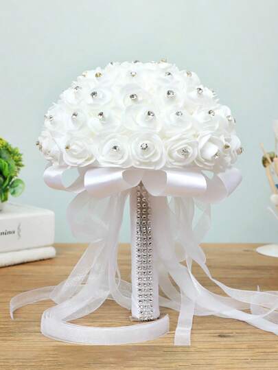 1 件白色新娘花束，带蕾丝丝带和水钻装饰，优雅 PE 泡沫和人造玫瑰花婚礼花束，新娘手捧花，适用于婚礼摄影和派对装饰情人节