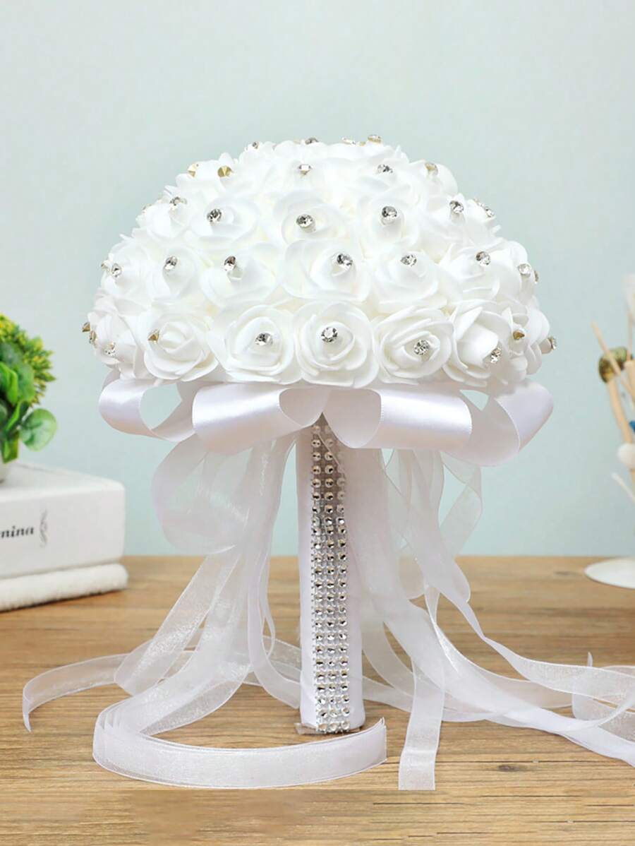 1pc White Bridal Bouquet With Lace Ribbon & Rhinestone Decor, Elegant PE Foam & Artificial Rose Flower Wedding Bouquet, Bridal Hand Holding Flowers For Wedding Photography & Party Decoration Valentine's Day Valentines