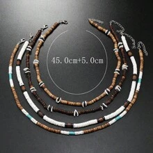 Conjunto de 4 piezas de collar de estilo bohemio de playa con conchas de coco y mar, adecuado para uso diario de hombres