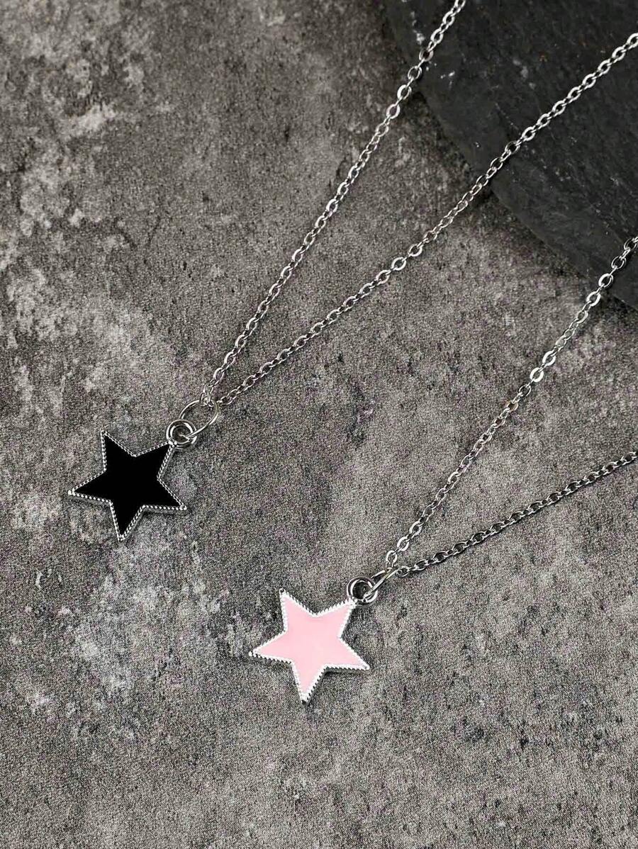 2pcs/Set Simple & Fashionable Black White Pink Star Pendant Couple Necklace, Men's And Women's Y2k Necklace Suit, Ins Star Necklace, Stainless Steel Chain Necklace Set - Silver - View 1