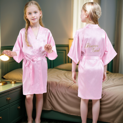 1pc Girl's Long Bathrobe With Gold Letter Printing, 3/4 Sleeves, Thin Morning Robe, Flower Girl Sleepwear, Nightgown, Wedding Party Dress